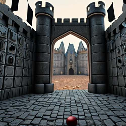 Home 11 A hacker exploiting a smart contract bug in a DeFi platform, resembling a playground for cybercriminals, with a dilapidated castle wall representing the vulnerability.