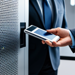 A focused professional in a modest business suit carefully interacting with a sleek hardware cryptocurrency wallet device, holding it securely. The background features a blurred, modern office environment with a strongbox or secure filing cabinet subtly visible, emphasizing offline storage and asset protection. The overall scene conveys diligence and advanced security. professional dress, fully clothed, appropriate attire, safe for work, perfect anatomy, correct proportions, natural pose, well-formed hands, proper finger count, natural body proportions, high quality, professional photography, family-friendly.