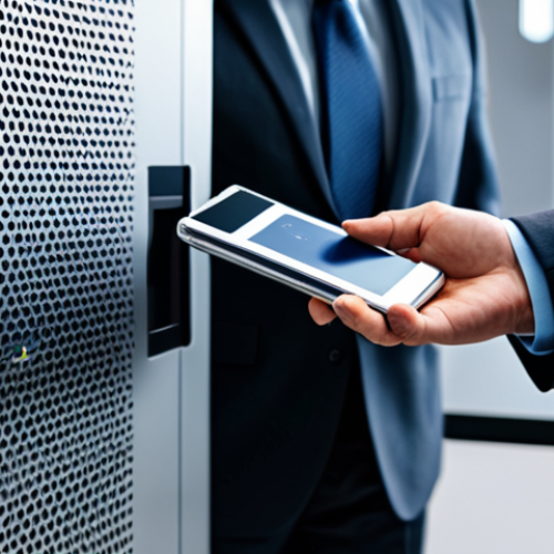 Home 6 A focused professional in a modest business suit carefully interacting with a sleek hardware cryptocurrency wallet device, holding it securely. The background features a blurred, modern office environment with a strongbox or secure filing cabinet subtly visible, emphasizing offline storage and asset protection. The overall scene conveys diligence and advanced security. professional dress, fully clothed, appropriate attire, safe for work, perfect anatomy, correct proportions, natural pose, well-formed hands, proper finger count, natural body proportions, high quality, professional photography, family-friendly.